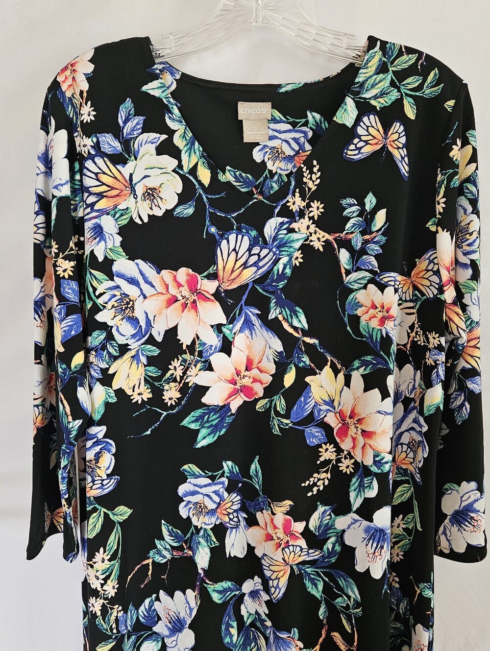 Black Floral Midi Dress with Multicolor Blooms Chico's Knee Length Floral Dress - Picture 3 of 10